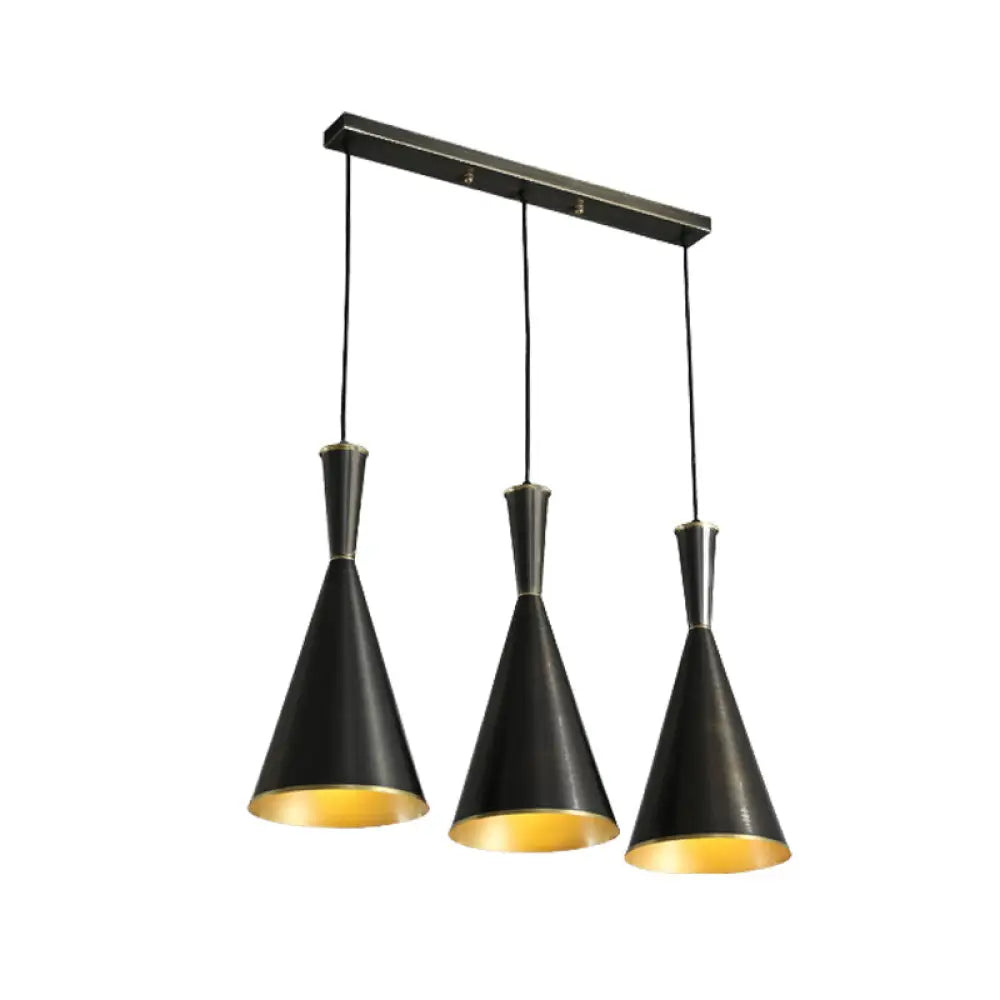 Cluster Horn Pendant Antiqued Metal Hanging Lamp With Black/Gold Finish - 3 Lights For Kitchen