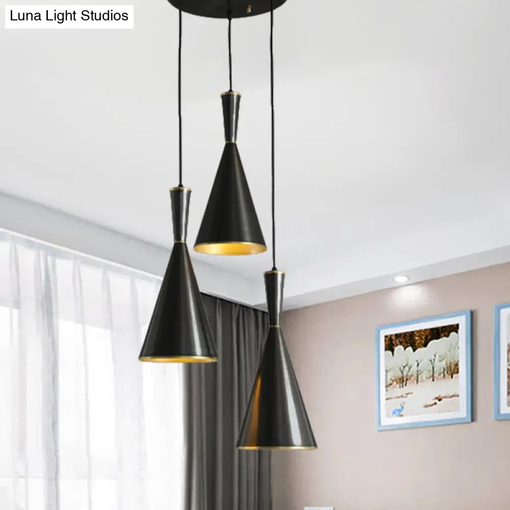 Cluster Horn Pendant Antiqued Metal Hanging Lamp With Black/Gold Finish - 3 Lights For Kitchen