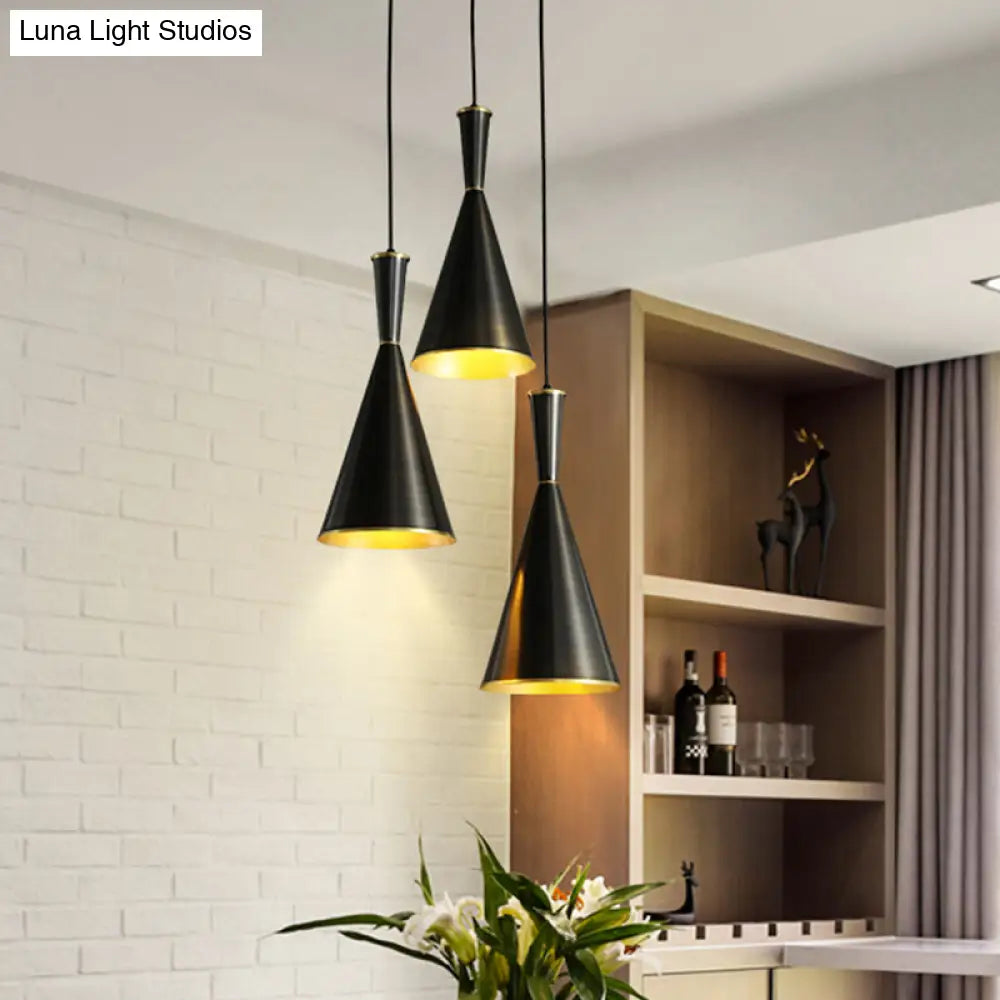 Cluster Horn Pendant Antiqued Metal Hanging Lamp With Black/Gold Finish - 3 Lights For Kitchen