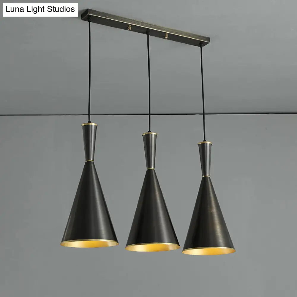 Cluster Horn Pendant Antiqued Metal Hanging Lamp With Black/Gold Finish - 3 Lights For Kitchen