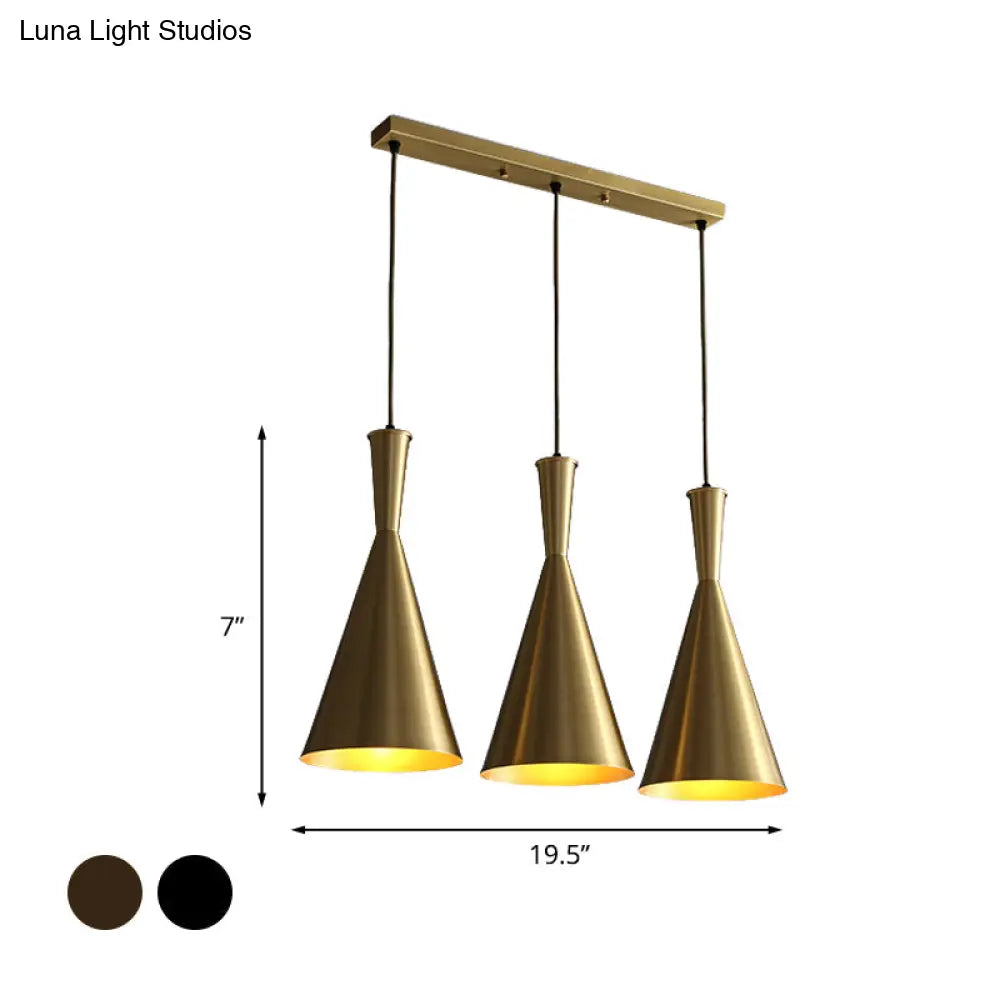 Cluster Horn Pendant Antiqued Metal Hanging Lamp With Black/Gold Finish - 3 Lights For Kitchen