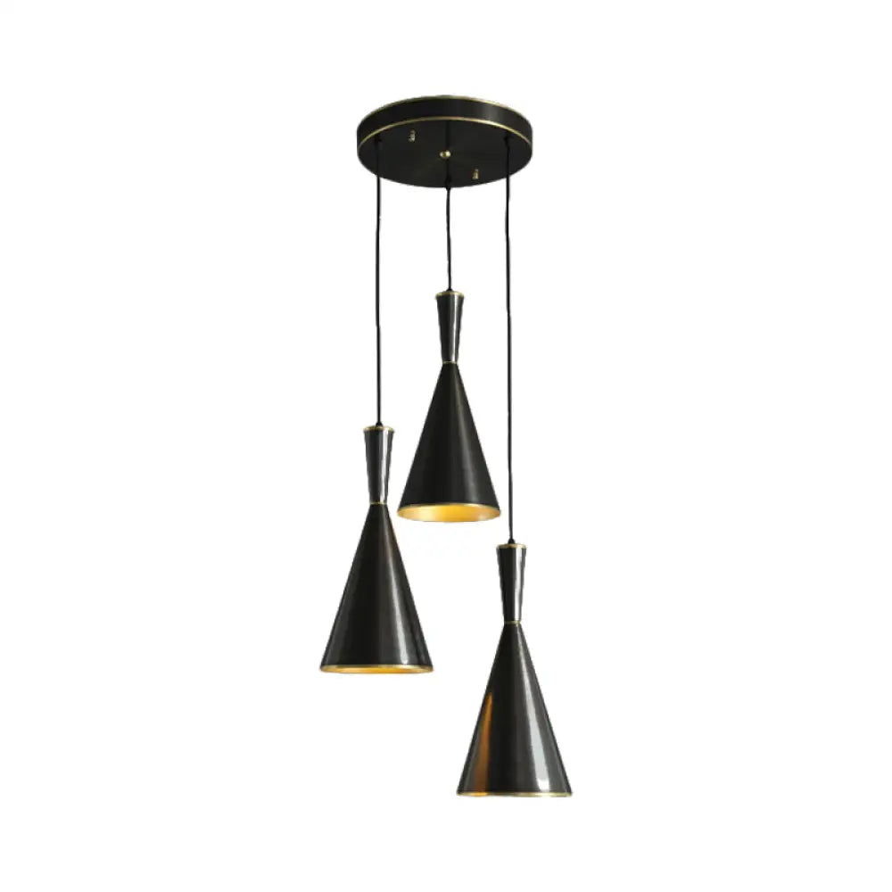 Cluster Horn Pendant Antiqued Metal Hanging Lamp With Black/Gold Finish - 3 Lights For Kitchen