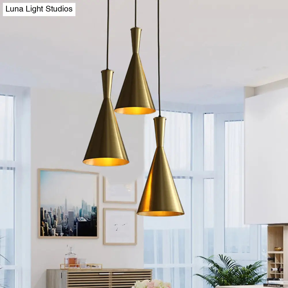 Cluster Horn Pendant Antiqued Metal Hanging Lamp With Black/Gold Finish - 3 Lights For Kitchen