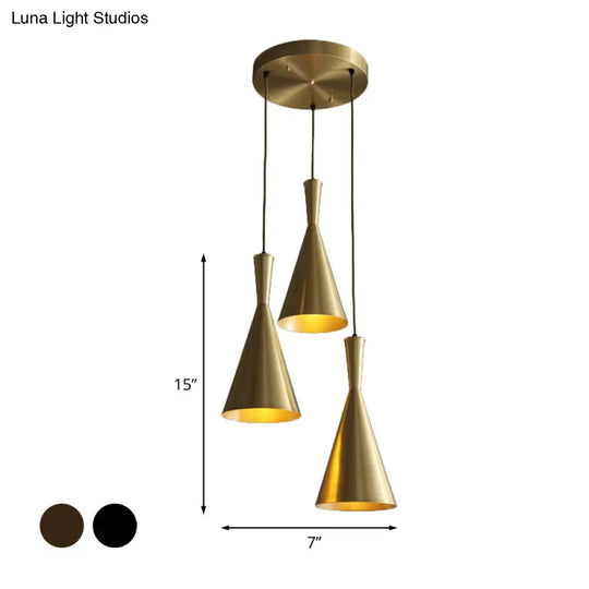 Cluster Horn Pendant Antiqued Metal Hanging Lamp With Black/Gold Finish - 3 Lights For Kitchen