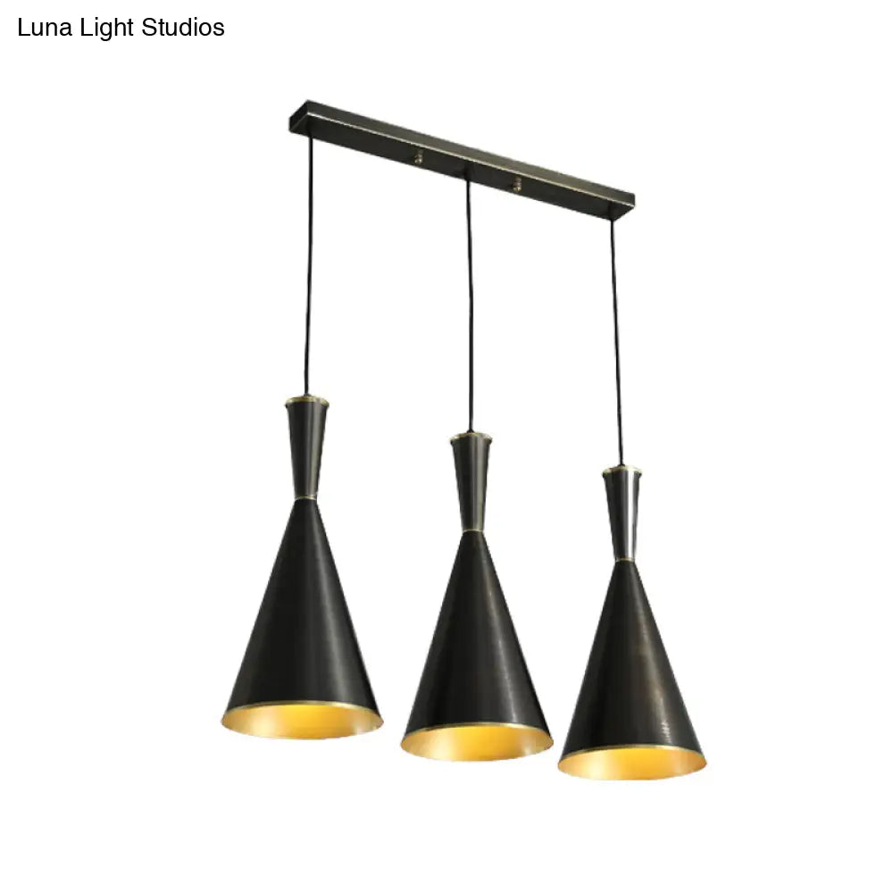 Cluster Horn Pendant Antiqued Metal Hanging Lamp With Black/Gold Finish - 3 Lights For Kitchen