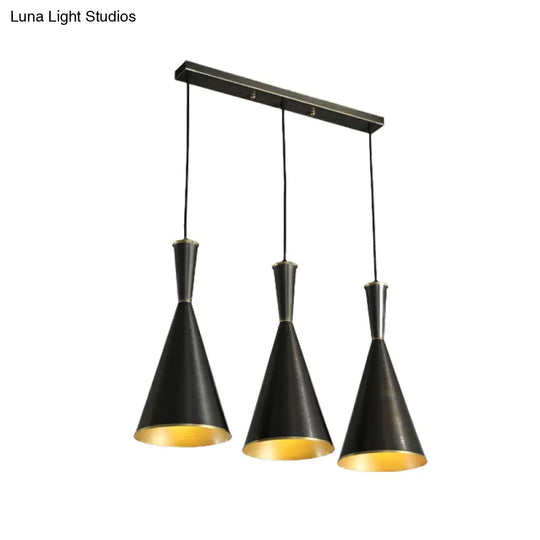 Cluster Horn Pendant Antiqued Metal Hanging Lamp With Black/Gold Finish - 3 Lights For Kitchen