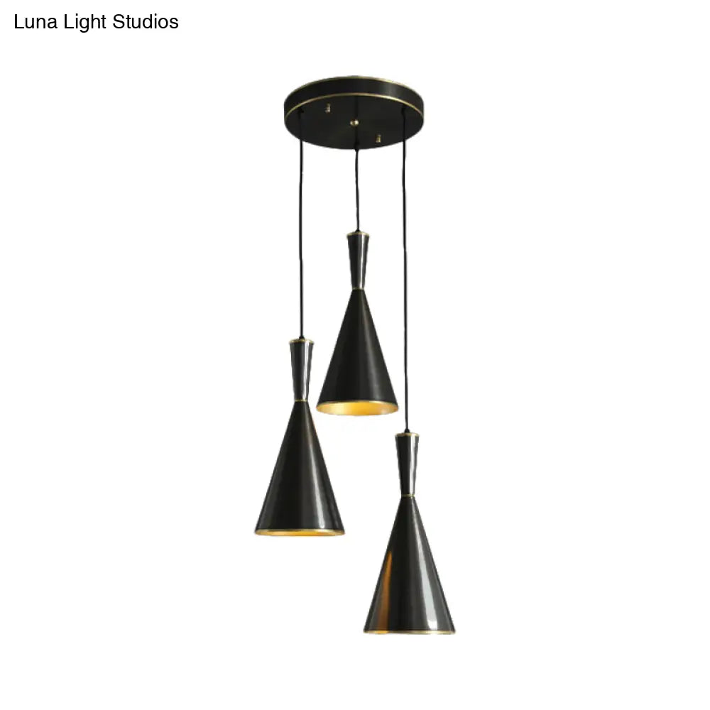 Cluster Horn Pendant Antiqued Metal Hanging Lamp With Black/Gold Finish - 3 Lights For Kitchen