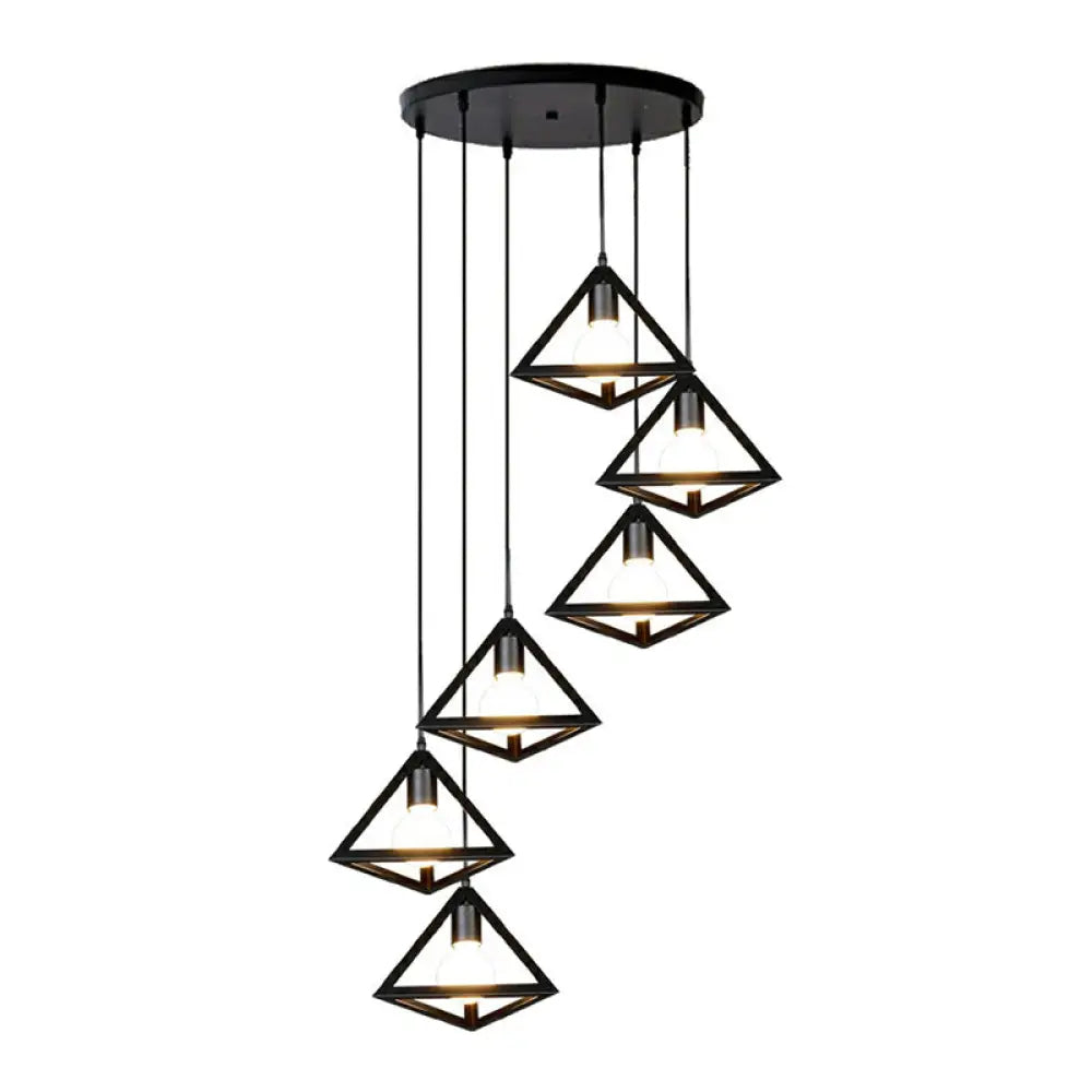 Cluster Pendant Cage Lamp: Loft Style Stairs Ceiling Light With 6 Metal Shades In Black