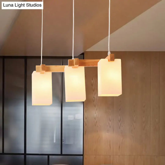 Modern Wood Cluster Pendant Kitchen Lamp With Rectangular White Glass Shade - Set Of 3 Bulbs