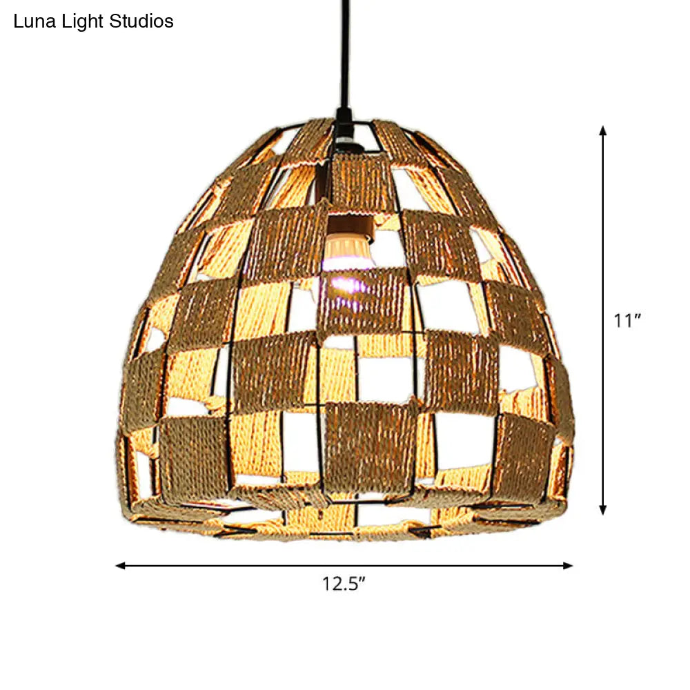 Hollowed White House/Dome/Bell Pendant Lamp - Coastal 1-Light Rattan Fixture For Dining Room