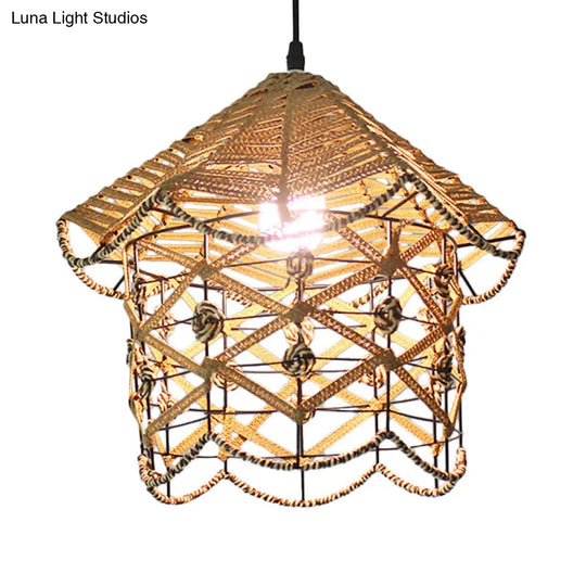 Hollowed White House/Dome/Bell Pendant Lamp - Coastal 1-Light Rattan Fixture For Dining Room / C