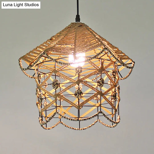 Hollowed White House/Dome/Bell Pendant Lamp - Coastal 1-Light Rattan Fixture For Dining Room