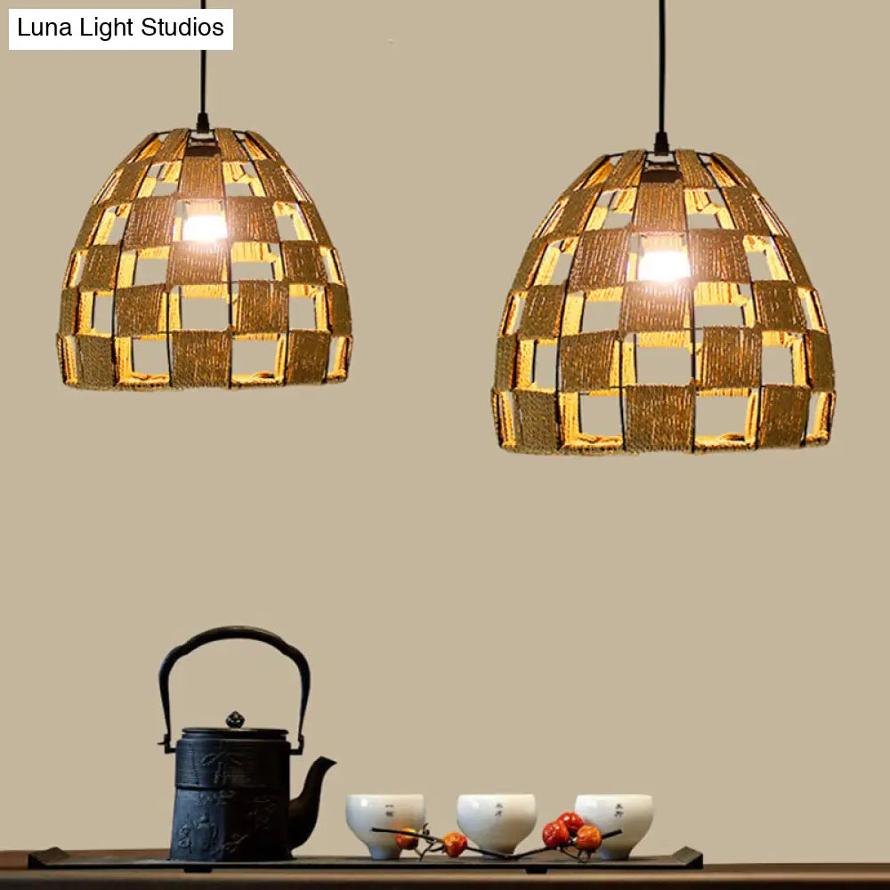 Hollowed White House/Dome/Bell Pendant Lamp - Coastal 1-Light Rattan Fixture For Dining Room