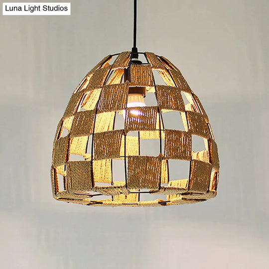 Hollowed White House/Dome/Bell Pendant Lamp - Coastal 1-Light Rattan Fixture For Dining Room