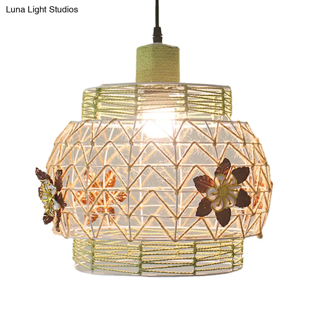 Hollowed White House/Dome/Bell Pendant Lamp - Coastal 1-Light Rattan Fixture For Dining Room / D