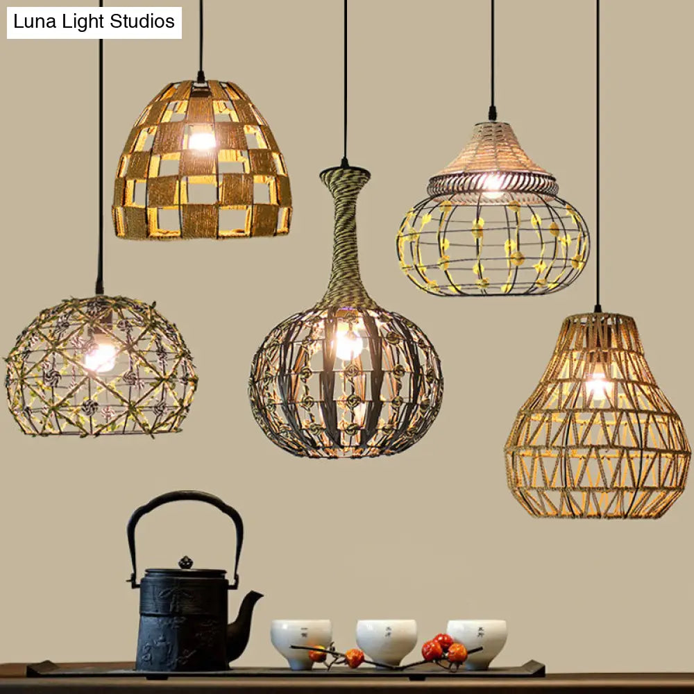 Hollowed White House/Dome/Bell Pendant Lamp - Coastal 1-Light Rattan Fixture For Dining Room / F