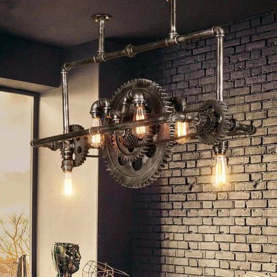 Coastal 6-Light Metal Island Pendant With Gear Design In Silver Gray