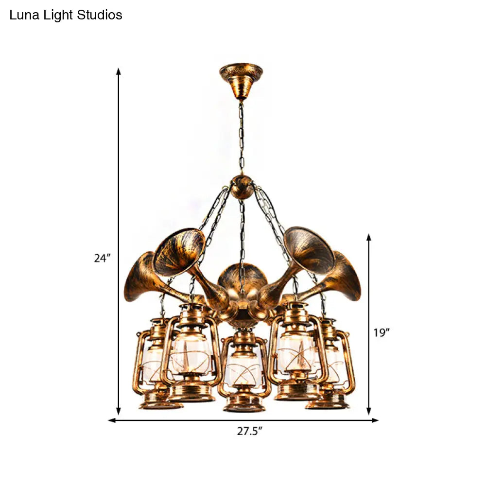 Coastal Antique Brass Lantern Chandelier Pendant Light With Clear Glass Shades For Dining Room 3/5