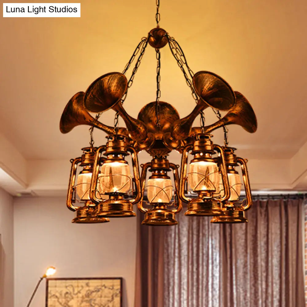 Coastal Antique Brass Lantern Chandelier Pendant Light With Clear Glass Shades For Dining Room 3/5