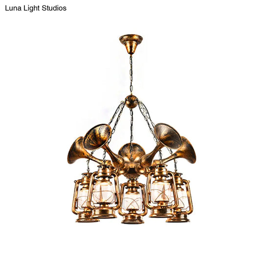 Coastal Antique Brass Lantern Chandelier Pendant Light With Clear Glass Shades For Dining Room 3/5