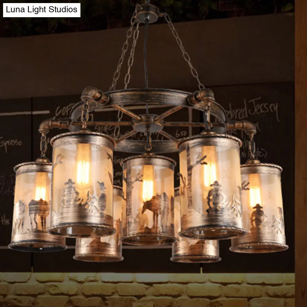 Bronze Cylinder Shade Chandelier Lamp: Antique Coastal Metal And Fabric 5/7 Lights Living Room