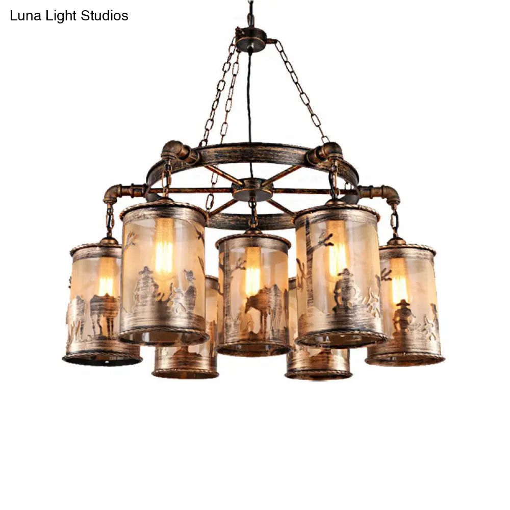 Bronze Cylinder Shade Chandelier Lamp: Antique Coastal Metal And Fabric 5/7 Lights Living Room