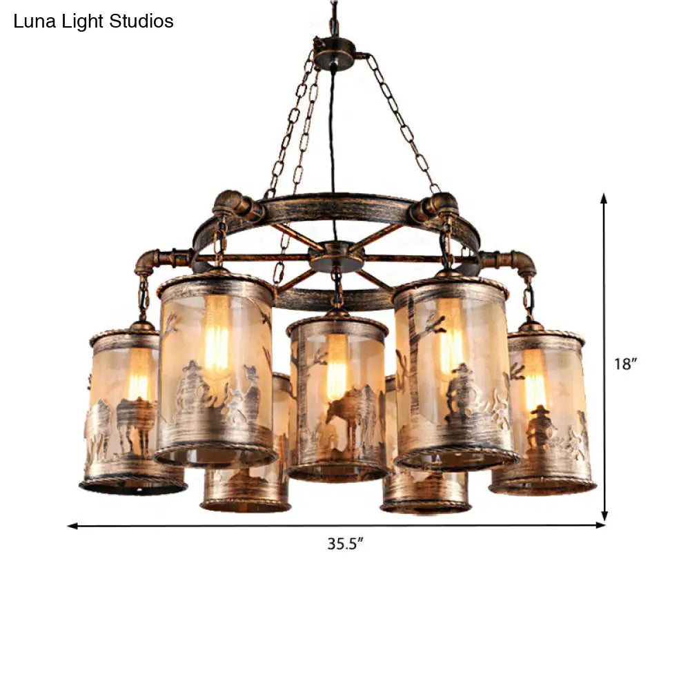 Bronze Cylinder Shade Chandelier Lamp: Antique Coastal Metal And Fabric 5/7 Lights Living Room