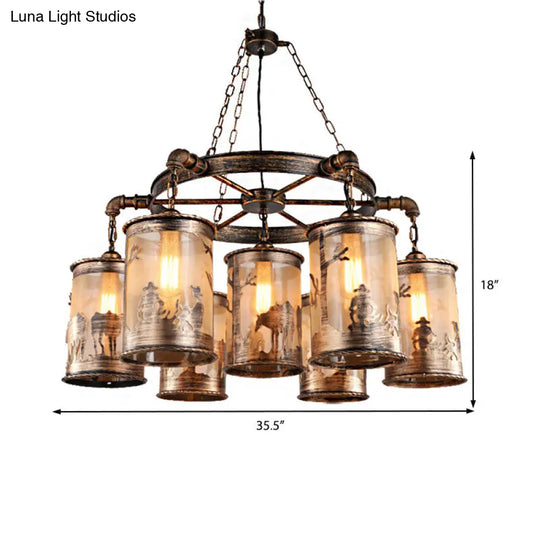 Bronze Cylinder Shade Chandelier Lamp: Antique Coastal Metal And Fabric 5/7 Lights Living Room