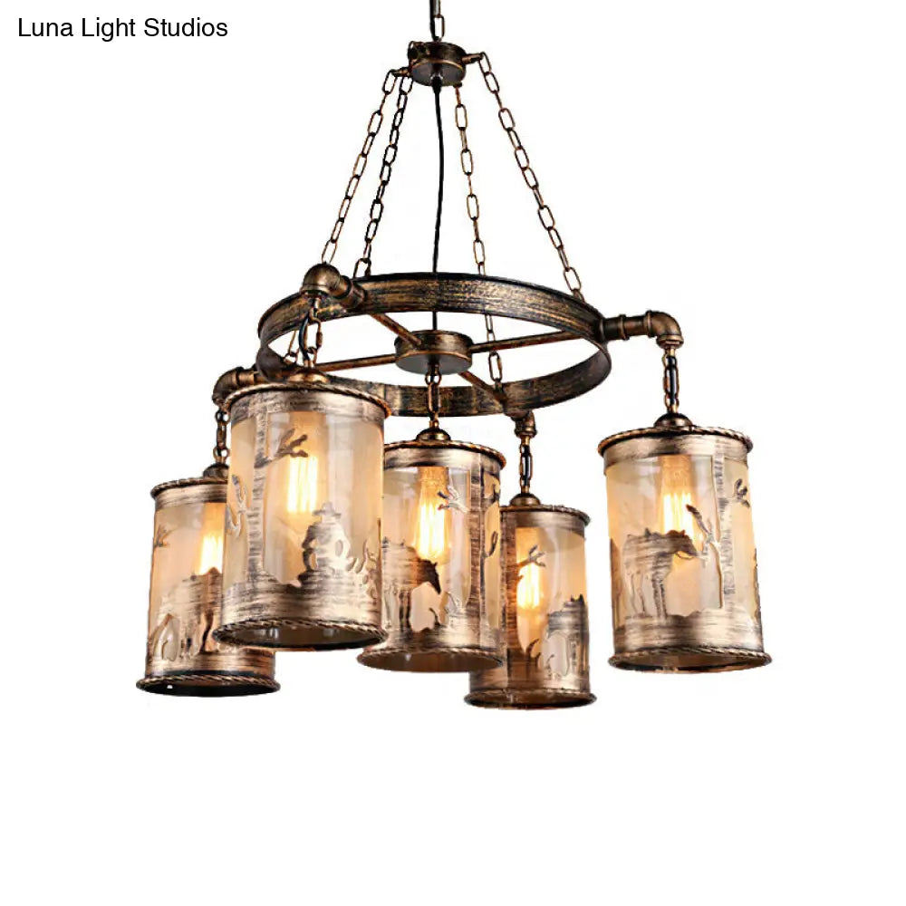 Bronze Cylinder Shade Chandelier Lamp: Antique Coastal Metal And Fabric 5/7 Lights Living Room