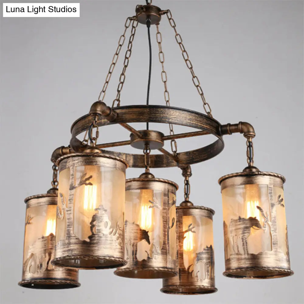 Bronze Cylinder Shade Chandelier Lamp: Antique Coastal Metal And Fabric 5/7 Lights Living Room