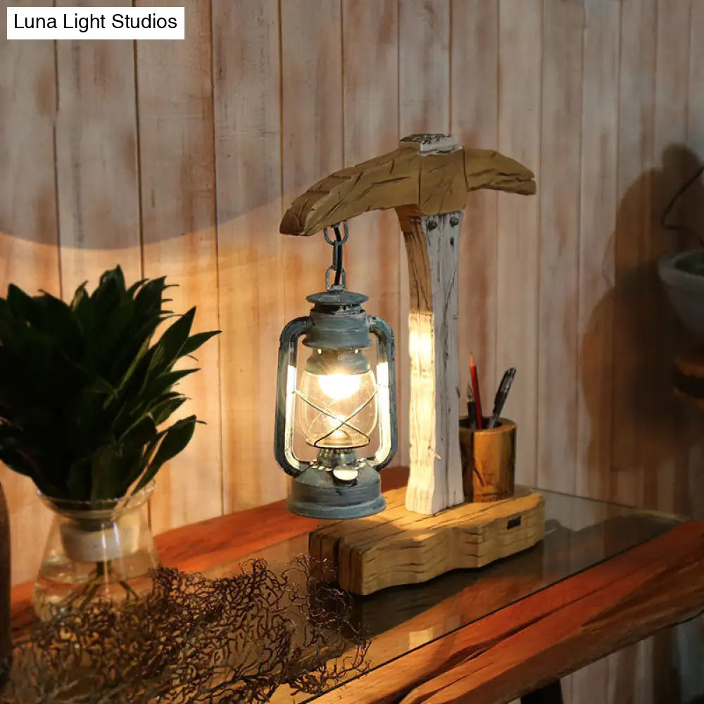 Coastal Beige Wooden Nightstand Lamp With Axe Shape: Pen Container And Table Light