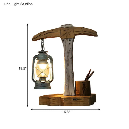 Coastal Beige Wooden Nightstand Lamp With Axe Shape: Pen Container And Table Light