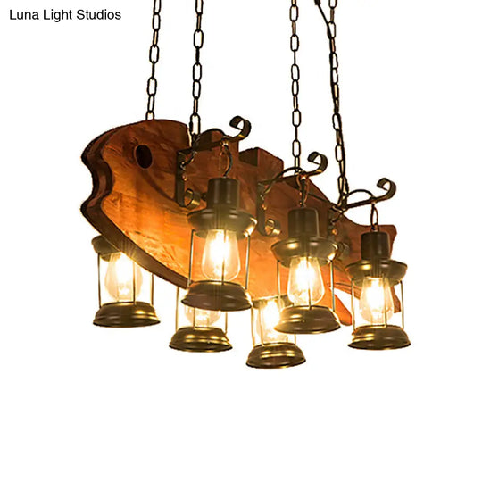 Coastal Black 6-Bulb Lantern Ceiling Lamp For Living Room With Rectangle/Fish Design