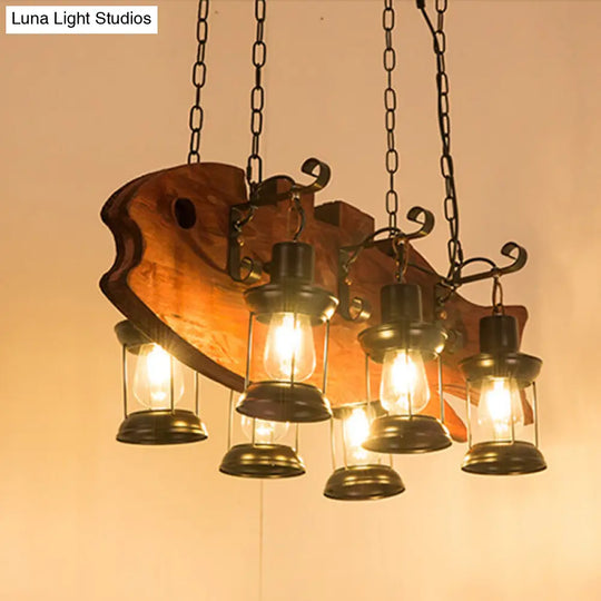 Coastal Black Metal Ceiling Chandelier With Lantern Shades And Fish Print - 6 Bulb For Living Room