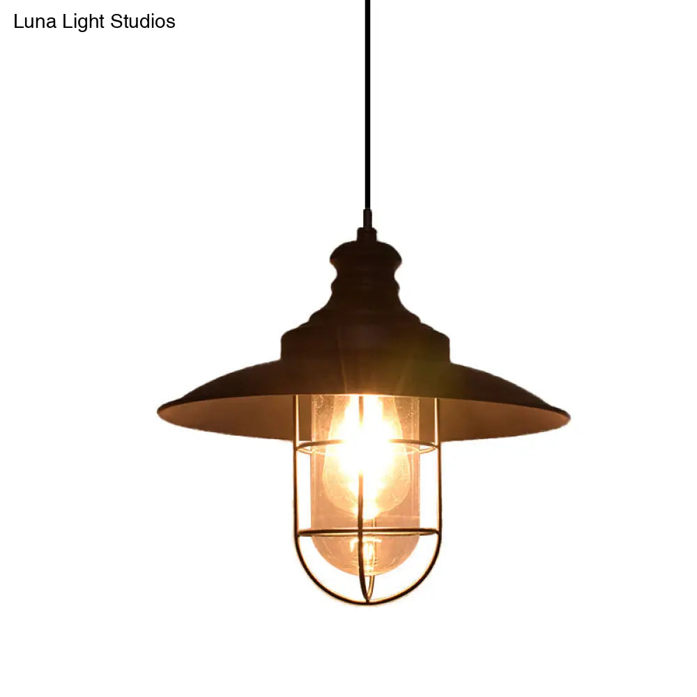 Coastal Black Clear Glass Pendant Ceiling Lamp With Iron Cage - Ideal For Coffee Shops (1-Light)