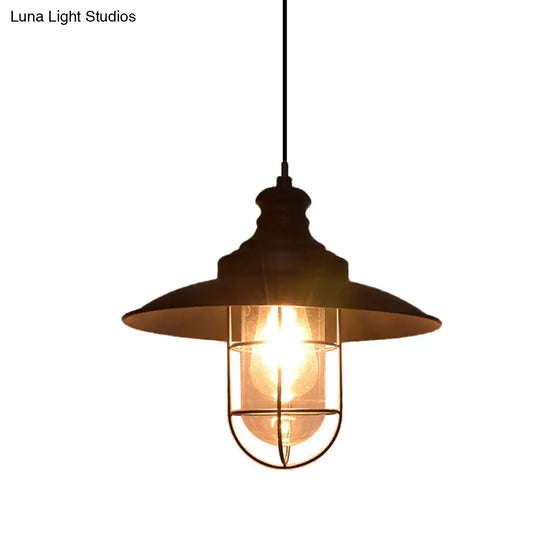 Coastal Black Clear Glass Pendant Ceiling Lamp With Iron Cage - Ideal For Coffee Shops (1-Light)