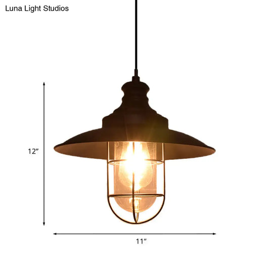 Coastal Black Clear Glass Pendant Ceiling Lamp With Iron Cage - Ideal For Coffee Shops (1-Light)