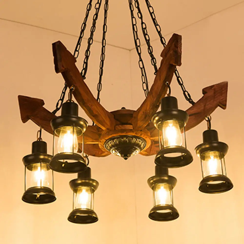 Coastal Black Glass Kerosene Chandelier - 6 Light Ceiling Fixture For Dining Room / A