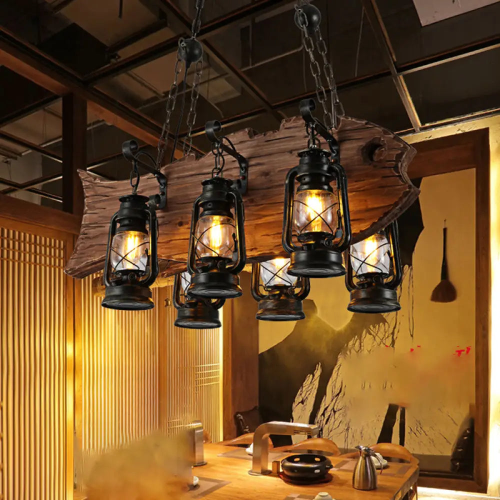 Coastal Black Kerosene Chandelier With Clear Glass And Wood Fish - 6 Heads For Restaurant Pendant