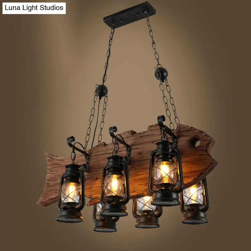 Coastal Black Kerosene Chandelier With Clear Glass And Wood Fish - 6 Heads For Restaurant Pendant