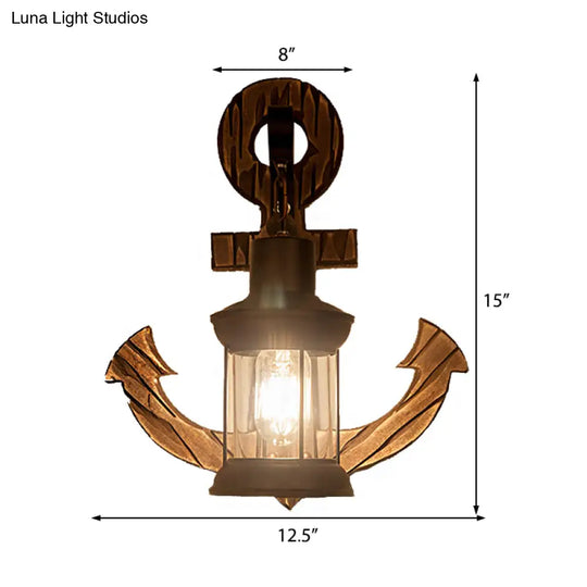 Coastal Black Kerosene Indoor Sconce With Clear Glass And Wooden Backplate - One Bulb Wall Lighting