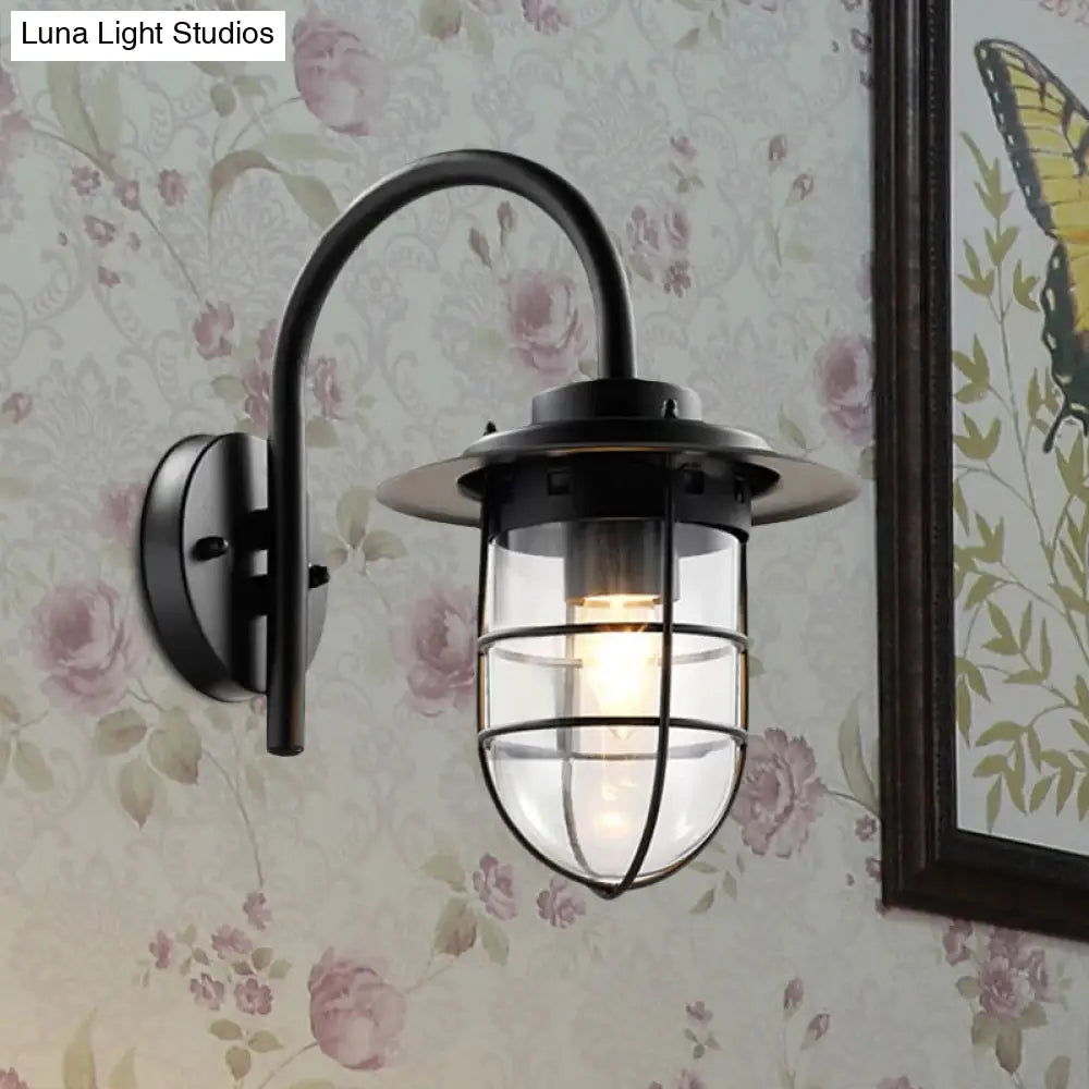 Coastal Black/Nickel Wall-Mounted Caged Light Fixture With Clear Glass Bulb For Living Room