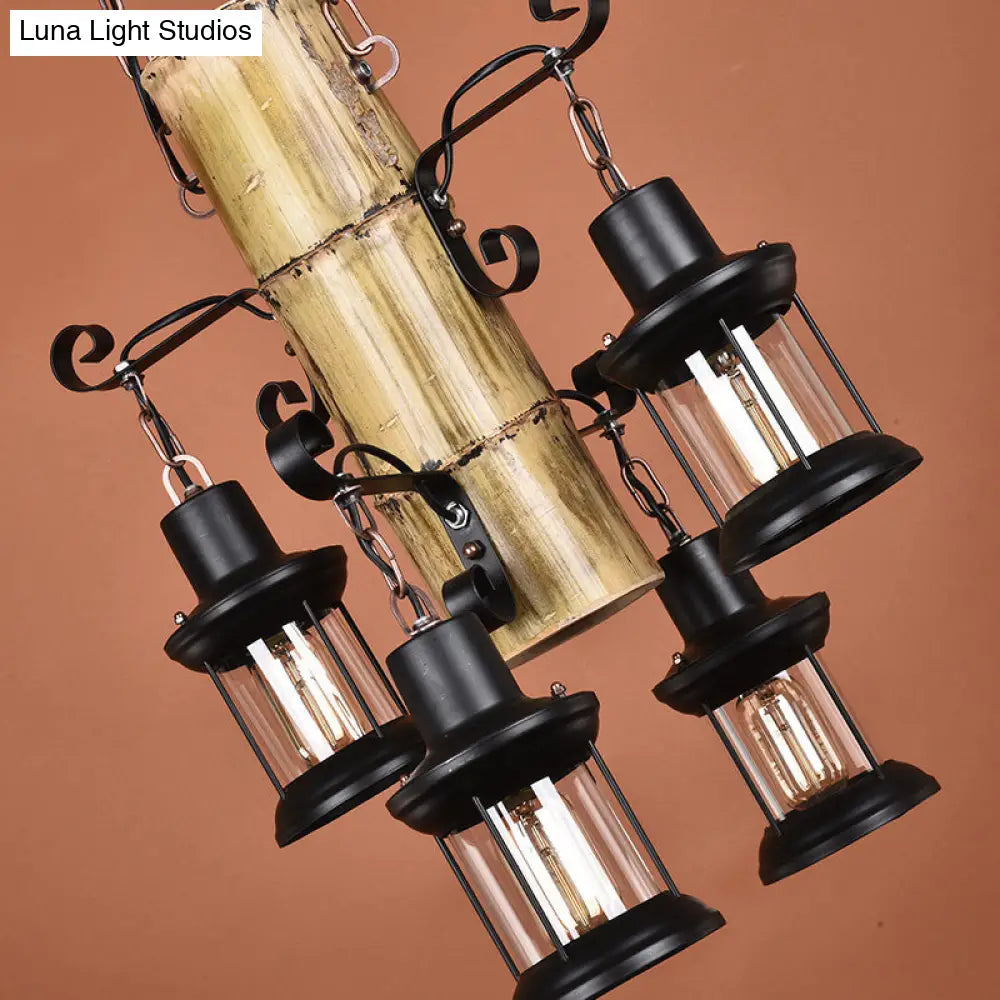 Coastal Black Pendant Chandelier With Clear Glass/Marble And Bamboo Shelf - 4-Light Lantern/Candle