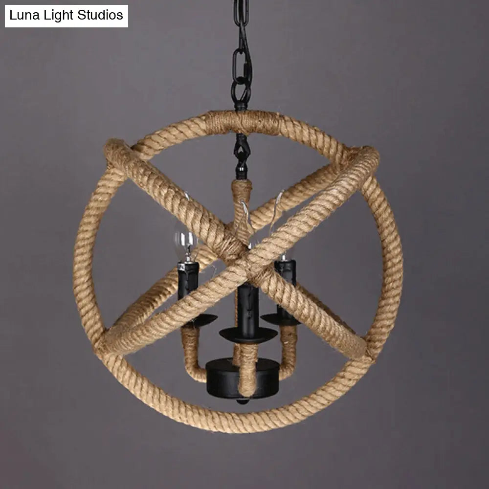 Coastal Black Pendant Lights With Rope-Wrapped Hoops: Candle Chandelier 3 /