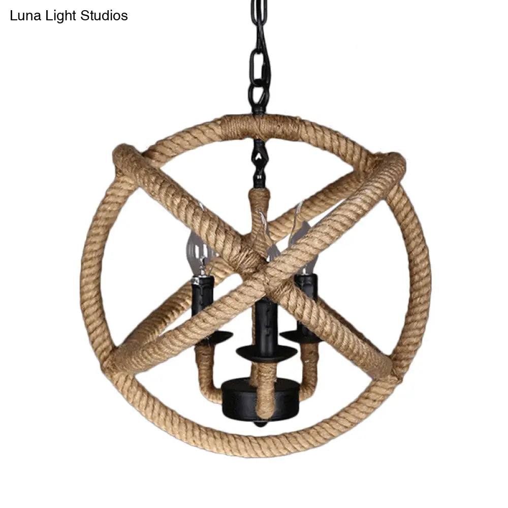 Coastal Black Pendant Lights With Rope-Wrapped Hoops: Candle Chandelier