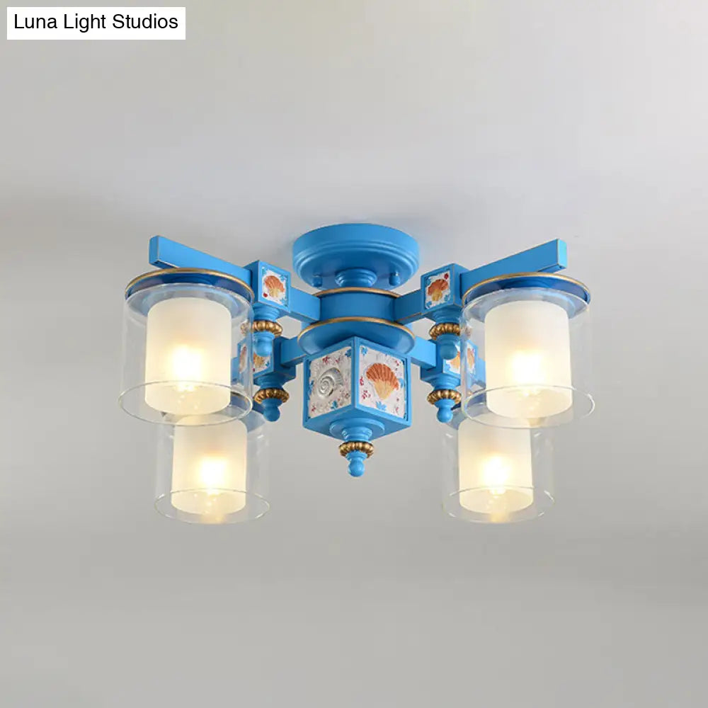 Coastal Blue Playroom Chandelier With Dual Clear And Opaline Glass Shades - Semi Flush Mount