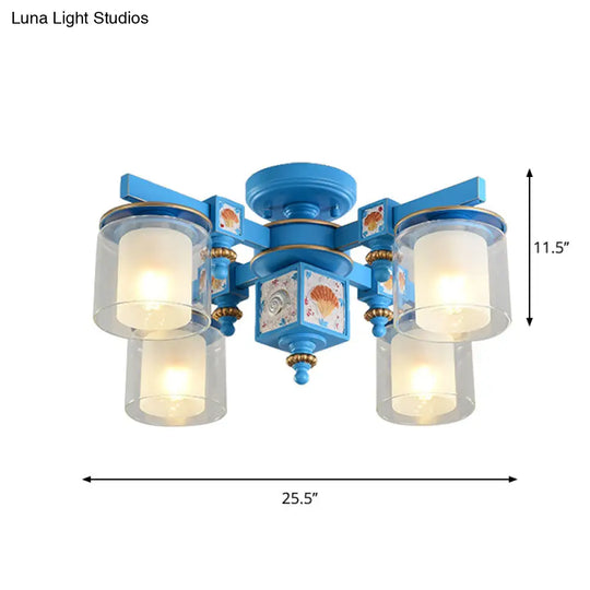 Coastal Blue Playroom Chandelier With Dual Clear And Opaline Glass Shades - Semi Flush Mount