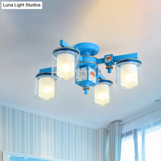 Coastal Blue Playroom Chandelier With Dual Clear And Opaline Glass Shades - Semi Flush Mount
