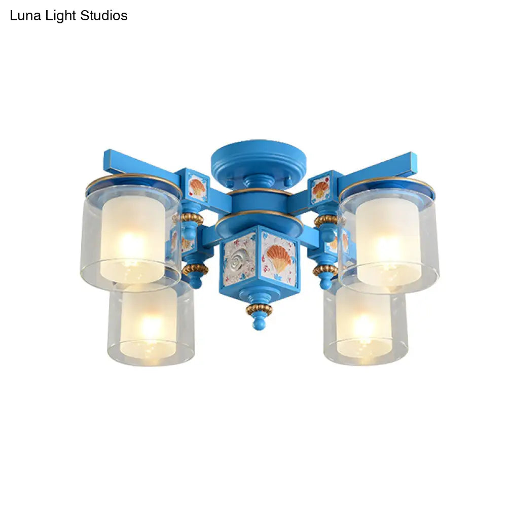 Coastal Blue Playroom Chandelier With Dual Clear And Opaline Glass Shades - Semi Flush Mount