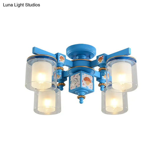 Coastal Blue Playroom Chandelier With Dual Clear And Opaline Glass Shades - Semi Flush Mount